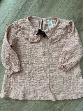 H&M Baby Girl Pink Textured Peter Pan Collar Bow Top size 12months